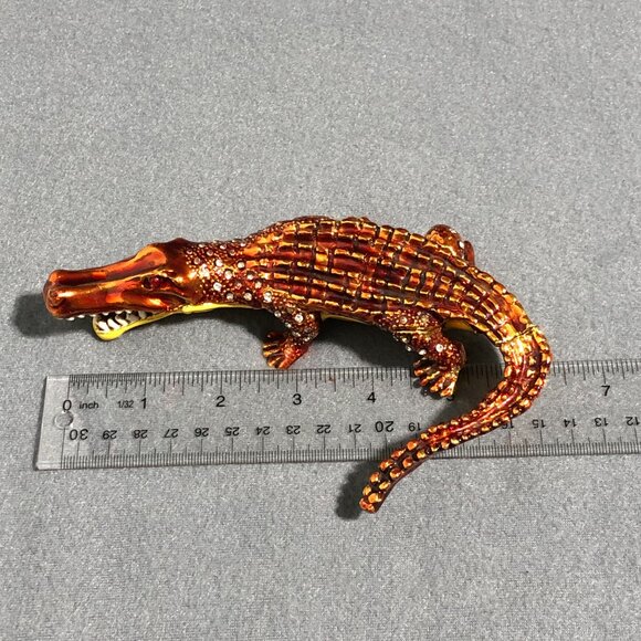Enameled Alligator Crocodile Trinket Box Rhinestone Hinged Bejeweled - Picture 13 of 13